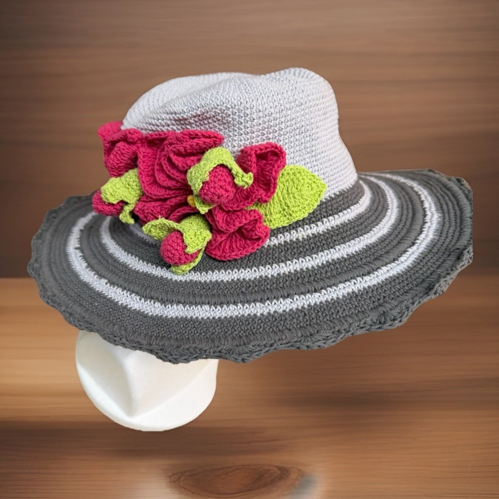 DayLee Design Crochet Sun Hat 3-6Y Gray Pink Flowers‎ Cottagecore Spring
